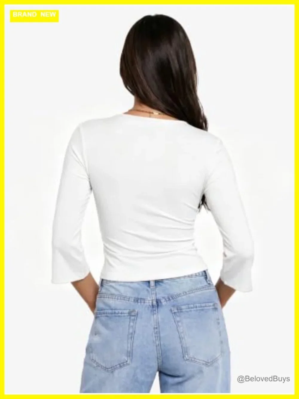 Womens 3/4 Sleeve Lace Deep V Neck Slim Fit Going Out Crop Top